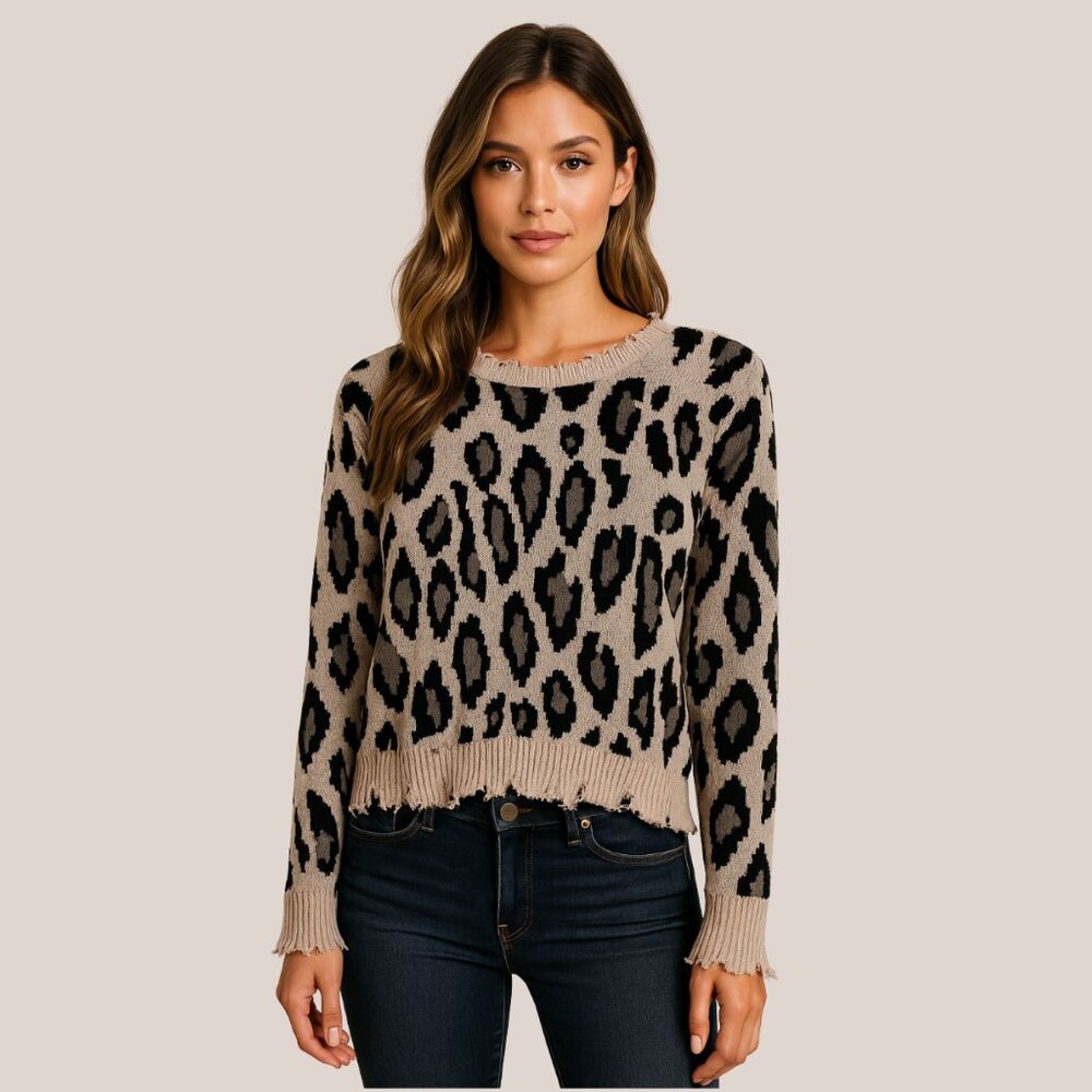 Decker Leopard Distressed Sweater, Oversized Jacquard Knit, Size Small